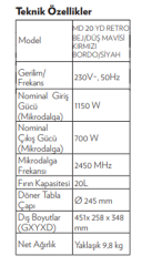 Vestel MD 20 YD Retro Kırmızı 20 lt Mikrodalga Fırın