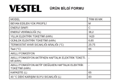 Vestel TRM 65 MK 65 Litre Termosifon